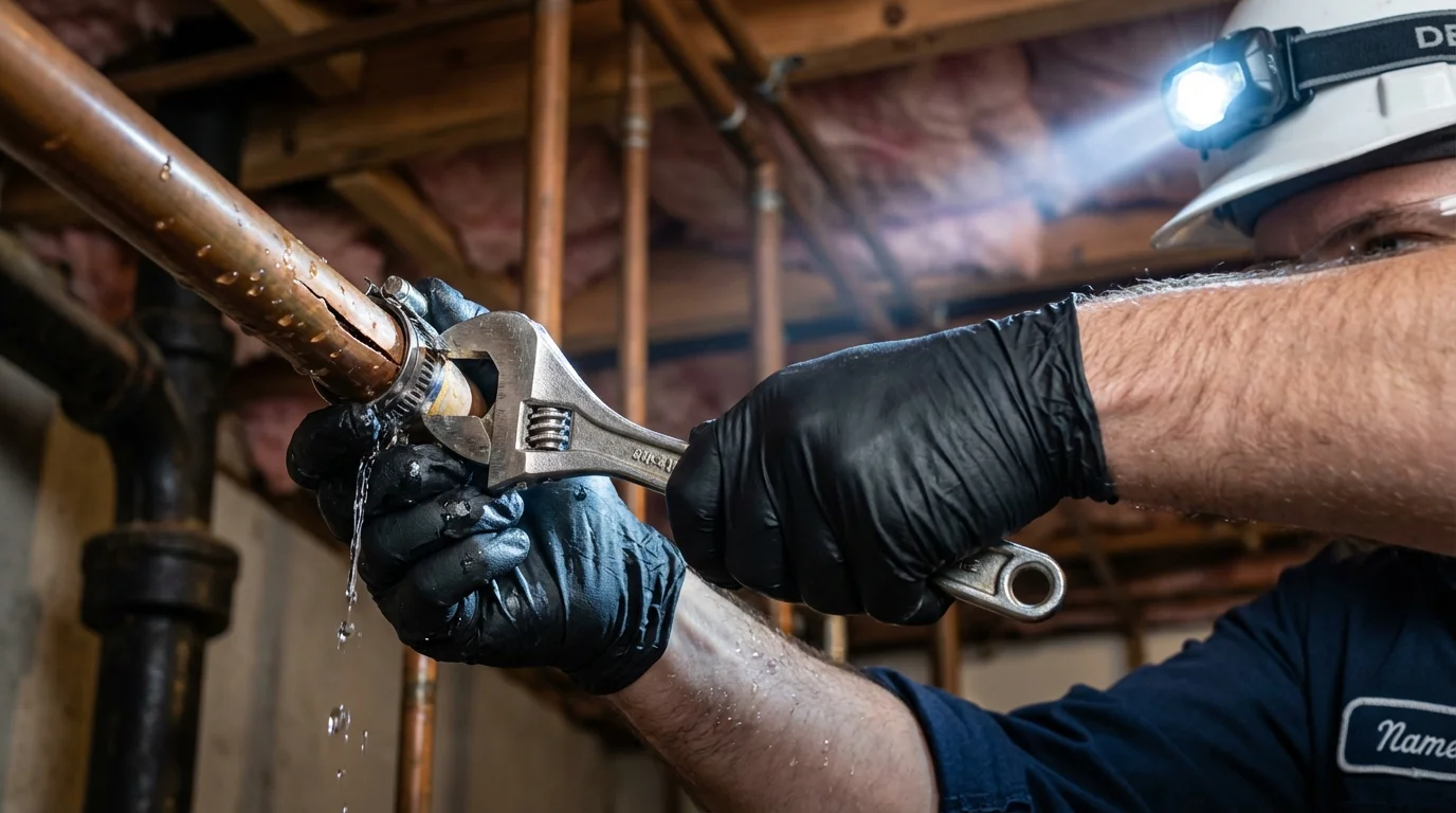 Emergency pipe clamp repair being performed by a Johns Plumbing LLC plumber in Napa