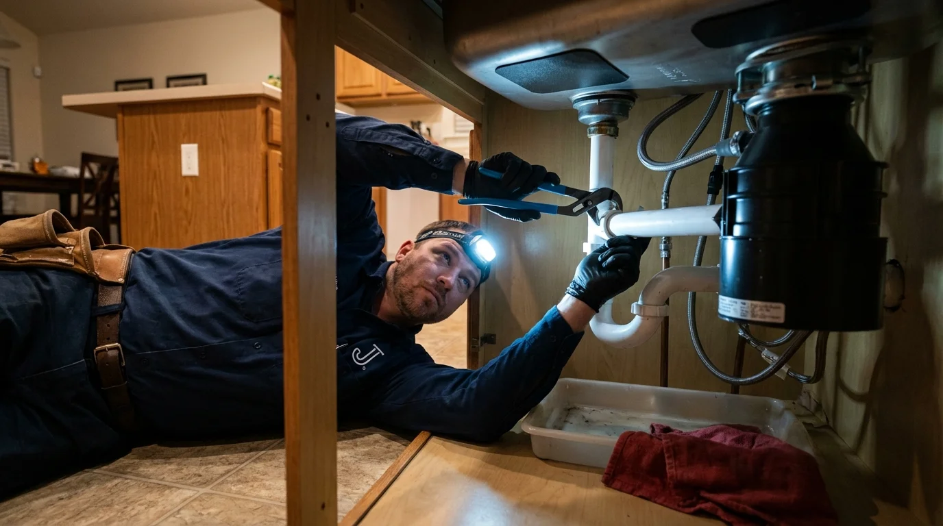 P-trap and supply line connections under a kitchen sink showing a common leak point in Napa, CA